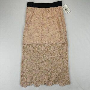 Free People Everything Rosey Midi Skirt Pink Floral Sheer Lace Scalloped Hem